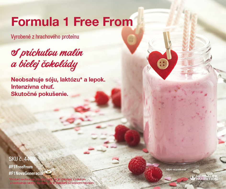 Formula 1 Free From - Vyvážené jedlo s príchuťou malín a bielej čokolády. Vegánsky produkt bez lepoku a sóje.